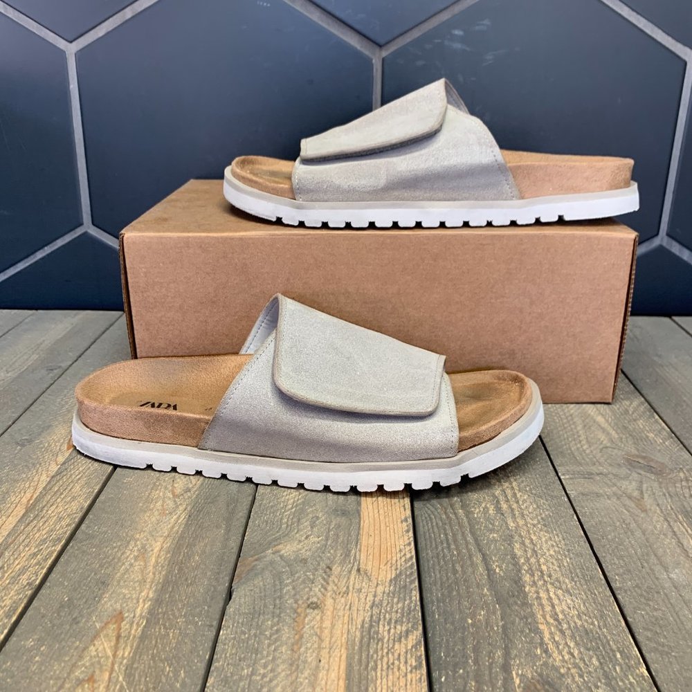 <Used W/O Box! Zara Split Suede Leather Grey Sandals Slides Chunky Strap Size 12